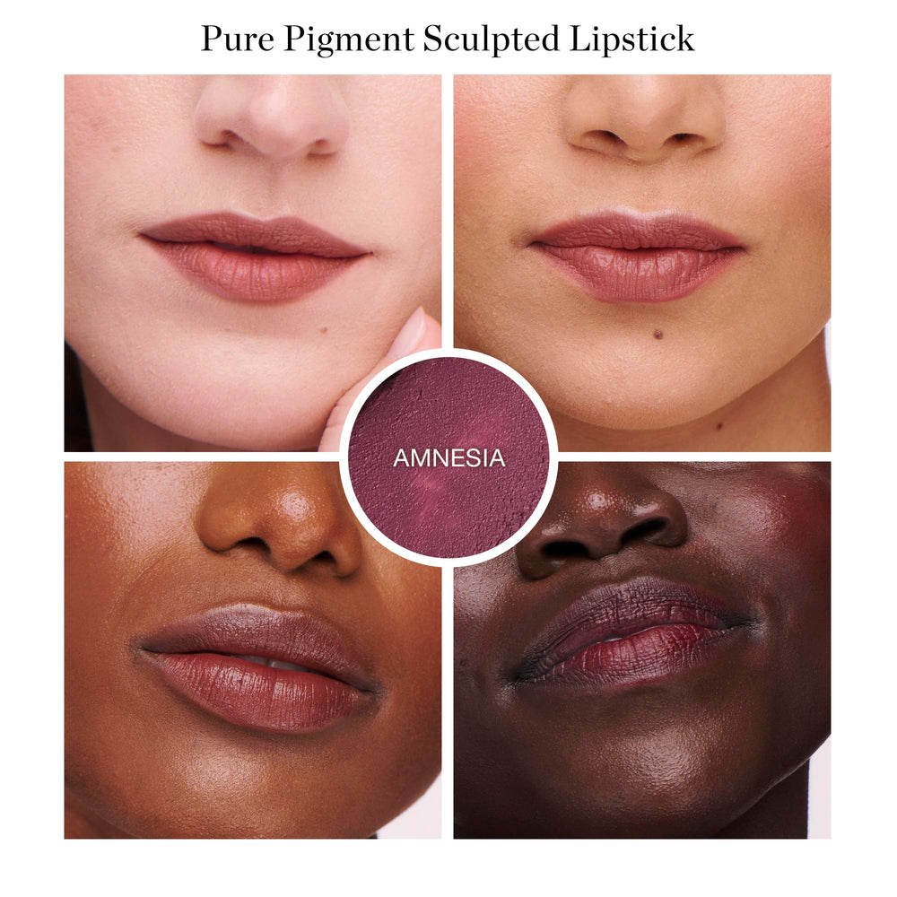 Ogee Full Bloom Lipstick Amnesia swatches reveal rich mauve-pink color.