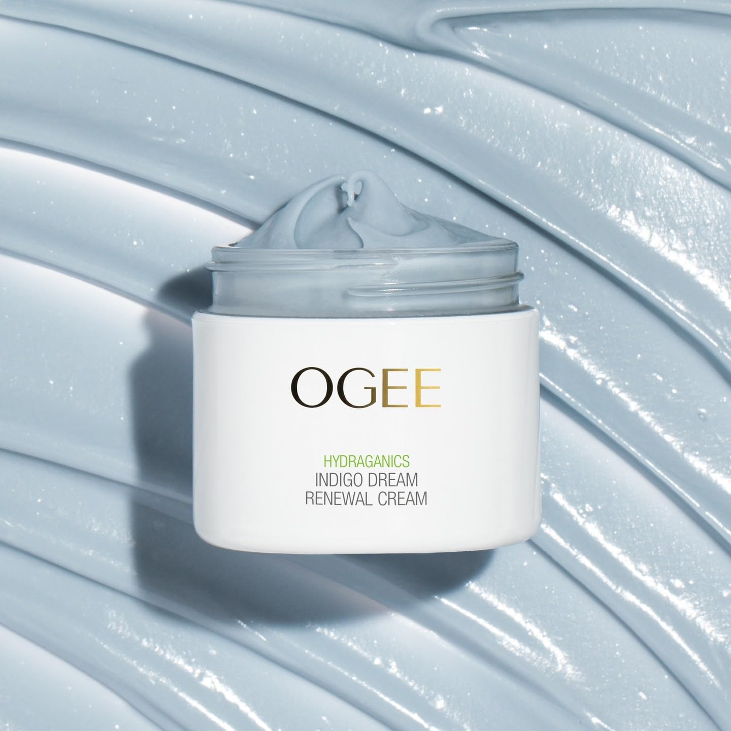 Ogee Indigo Dream Renewal Cream night routine scene exudes calming care.