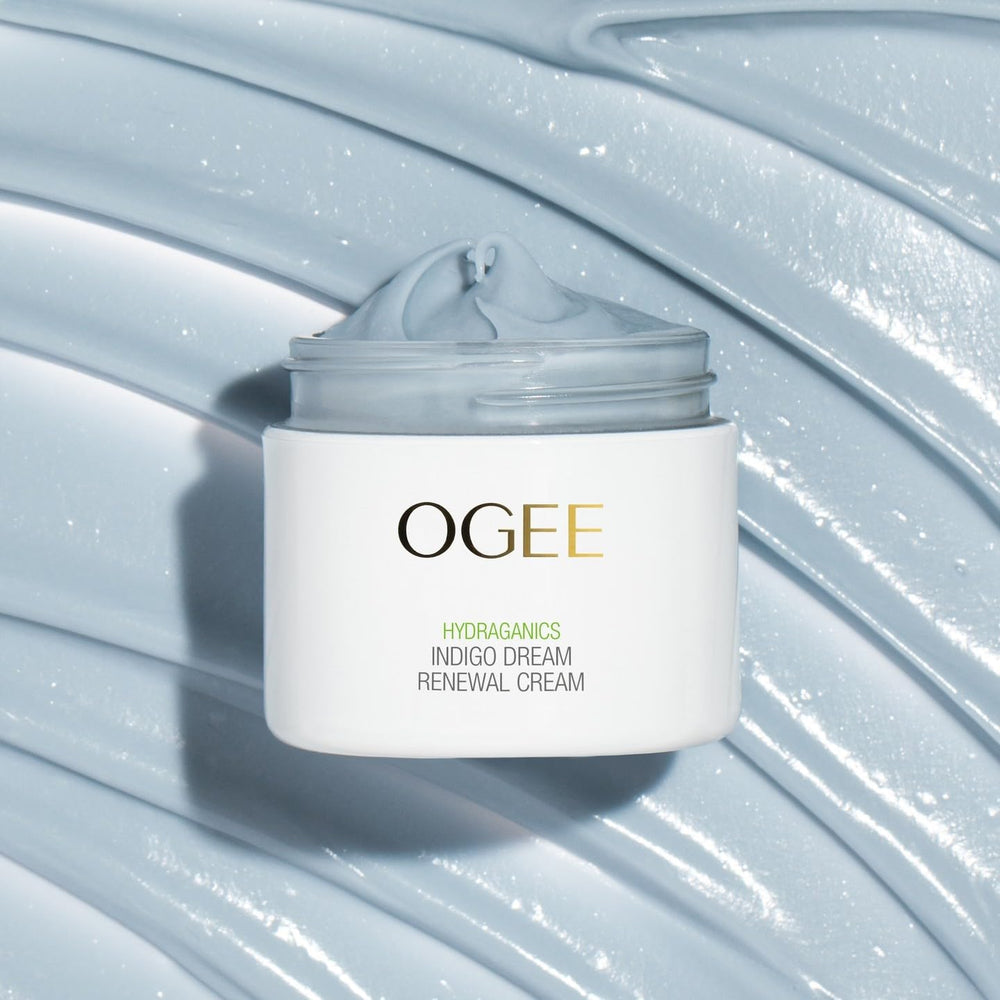 Ogee Indigo Dream Renewal Cream night routine scene exudes calming care.