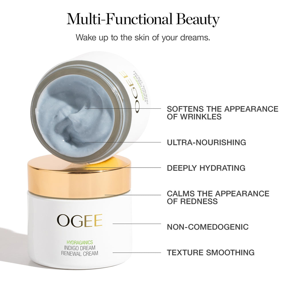 Ogee Indigo Dream Renewal Cream texture closeup demonstrates a hydrating formula.