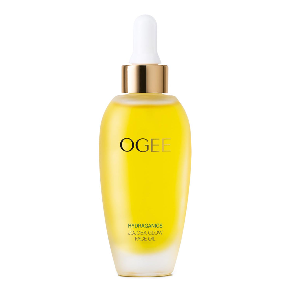 Ogee Jojoba Glow Face Oil bottle pouring for instant hydration and a dewy finish.