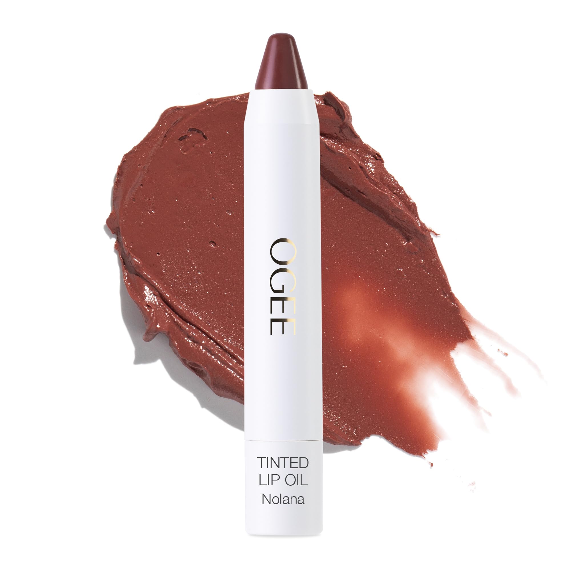 Ogee Nolana lip oil in terracotta brown provides nourishing tint and shine.