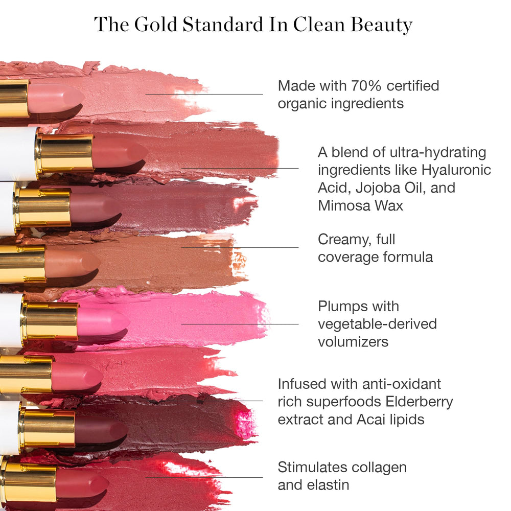 Ogee organic ingredients badge close-up reinforces cruelty-free, USA-made lipstick authenticity.