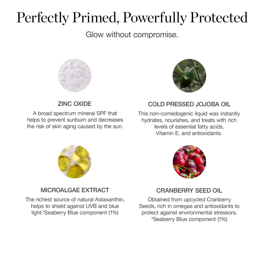 Ogee PROTECT Primer SPF 40 on skin glow close-up showing dewy finish