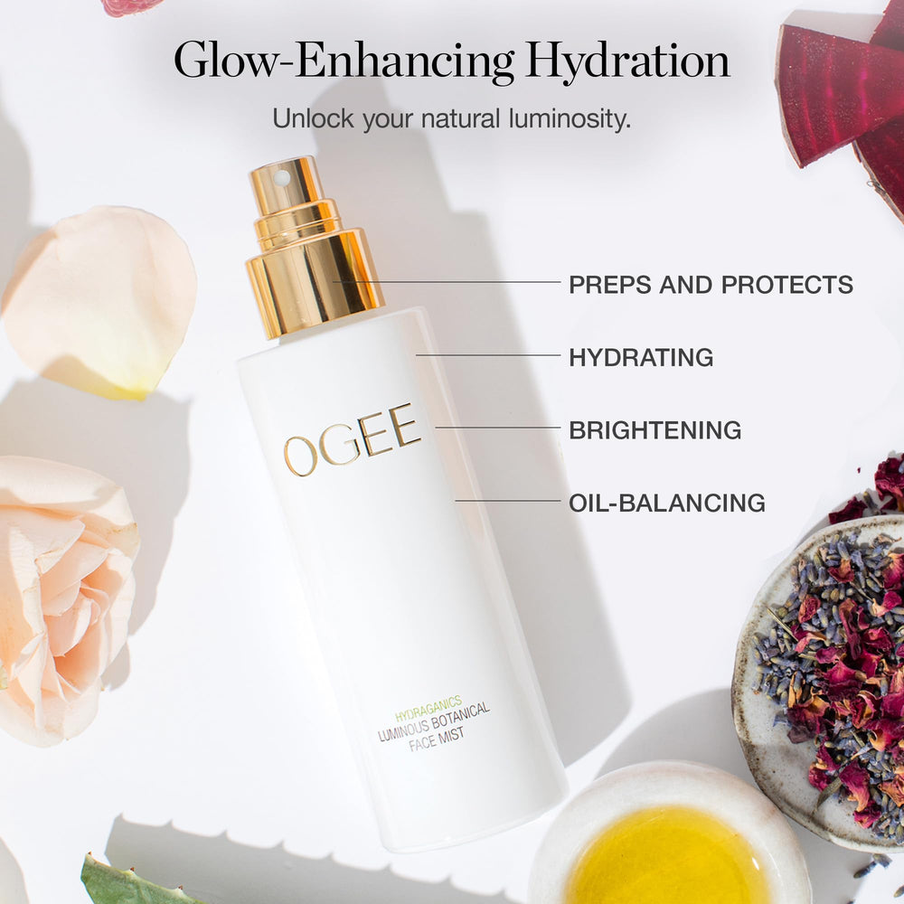 Ogee Rose Botanical Face Mist ingredients panel highlights soothing botanicals.