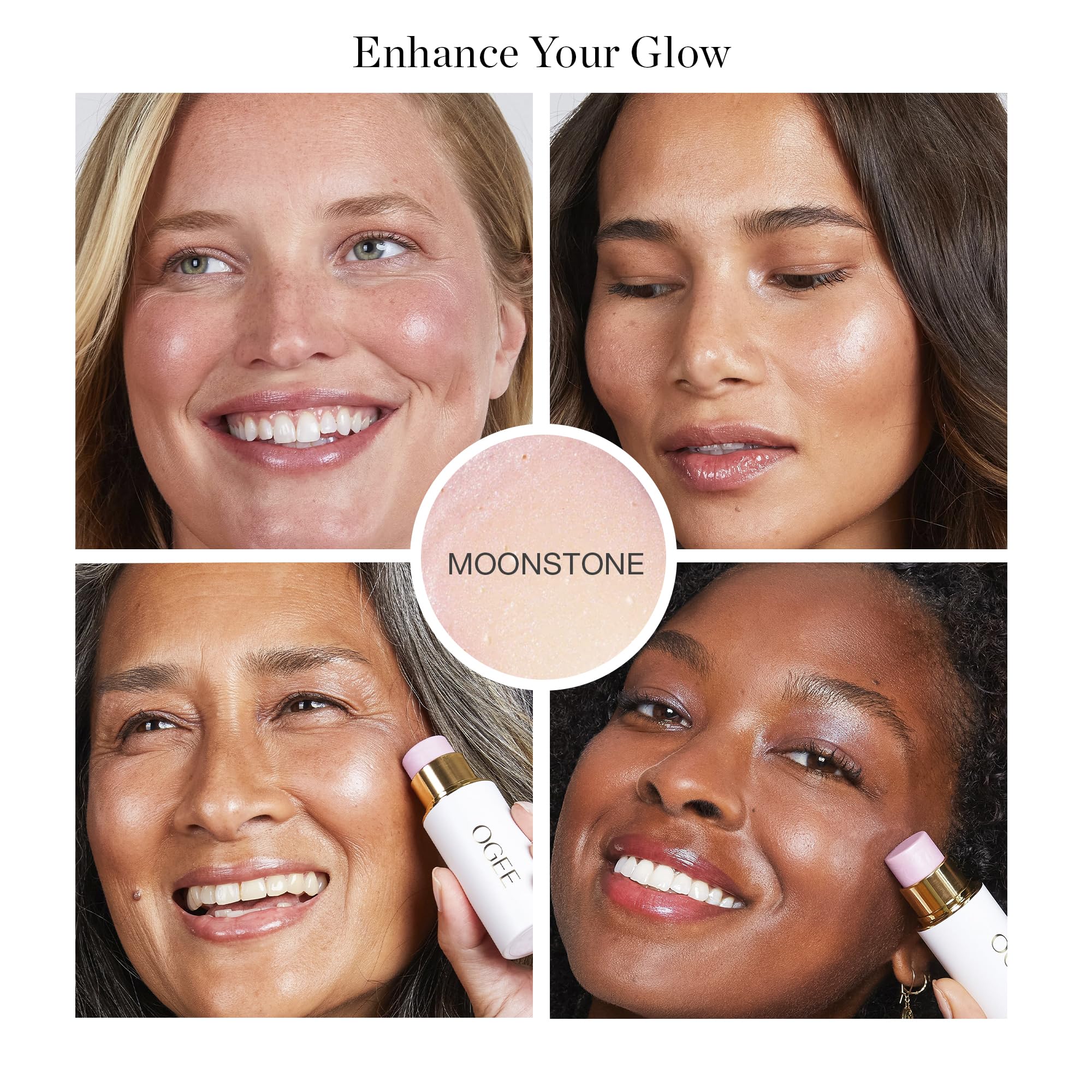 Ogee Sculpted Face Stick Moonstone Ultraviolet Sheen swatch on cheek for glow.