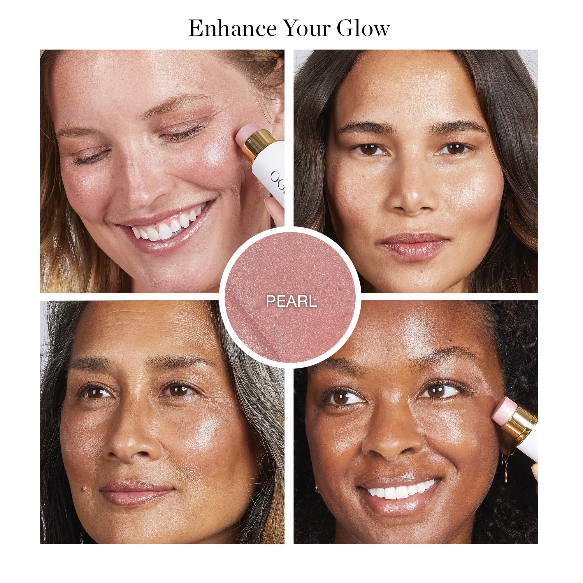 Ogee Sculpted Face Stick Pearl Shimmer on cheekbone for buildable radiance.