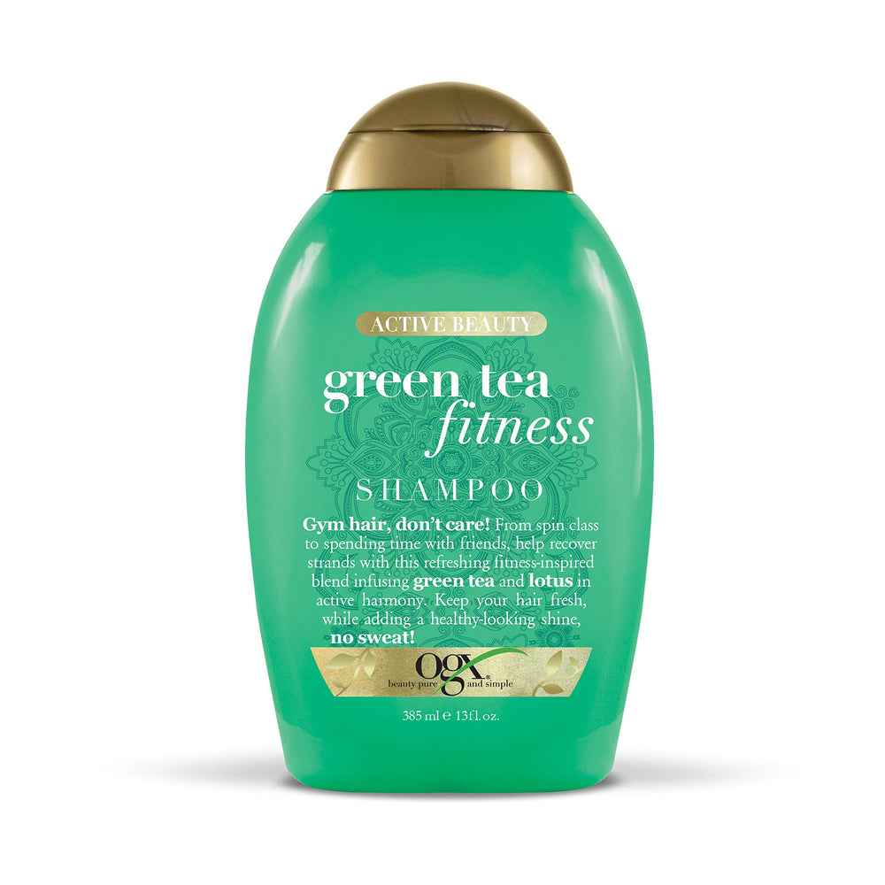 OGX Active Beauty Green Tea Fitness Shampoo bottle promotes fresh, energized hair.