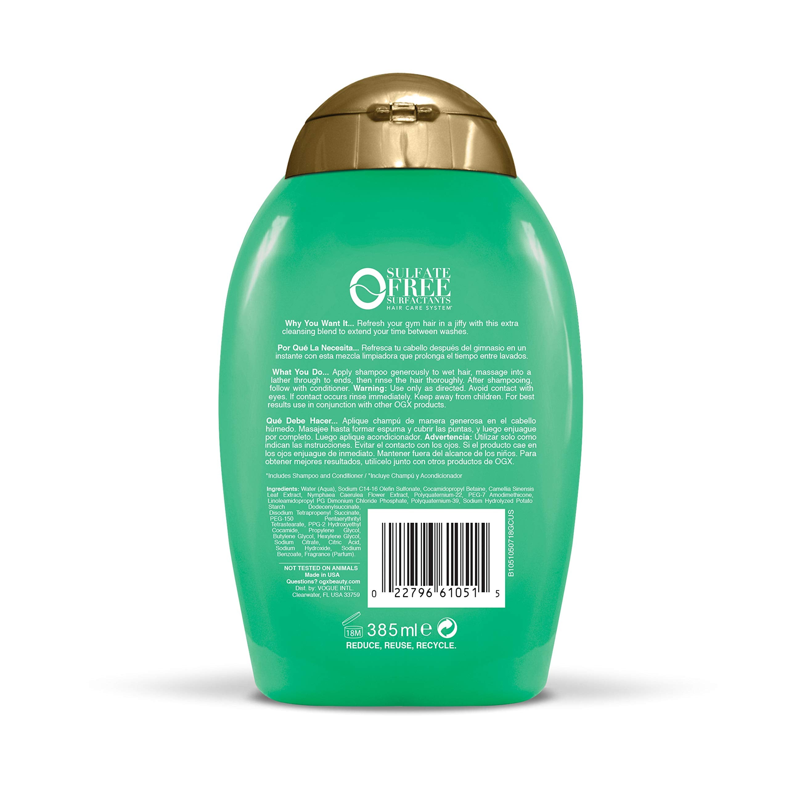OGX Green Tea Fitness Shampoo lather on wet hair for cleansing.