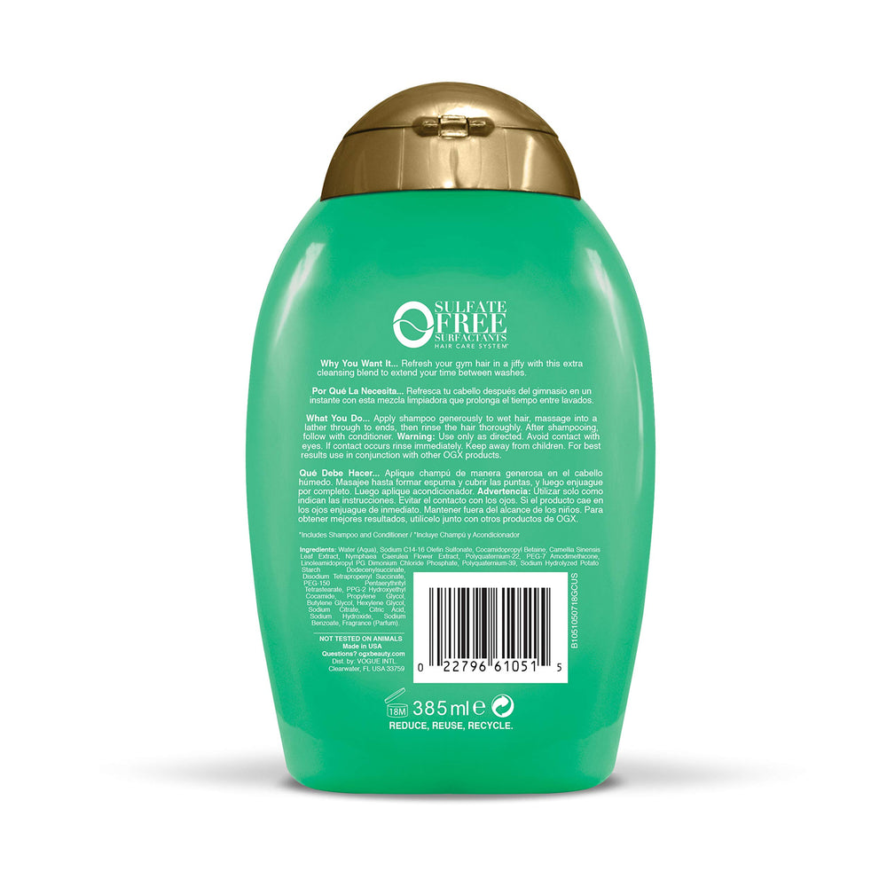 OGX Green Tea Fitness Shampoo lather on wet hair for cleansing.