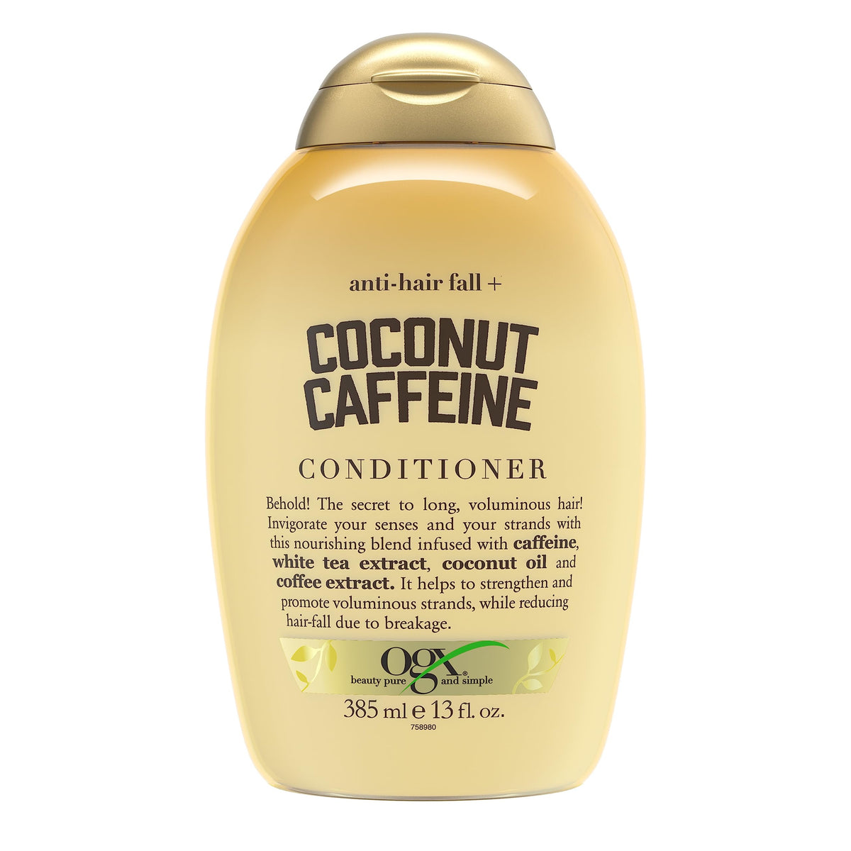 OGX Anti-Hair Fall bottle on shelf highlights coconut caffeine conditioner benefits.