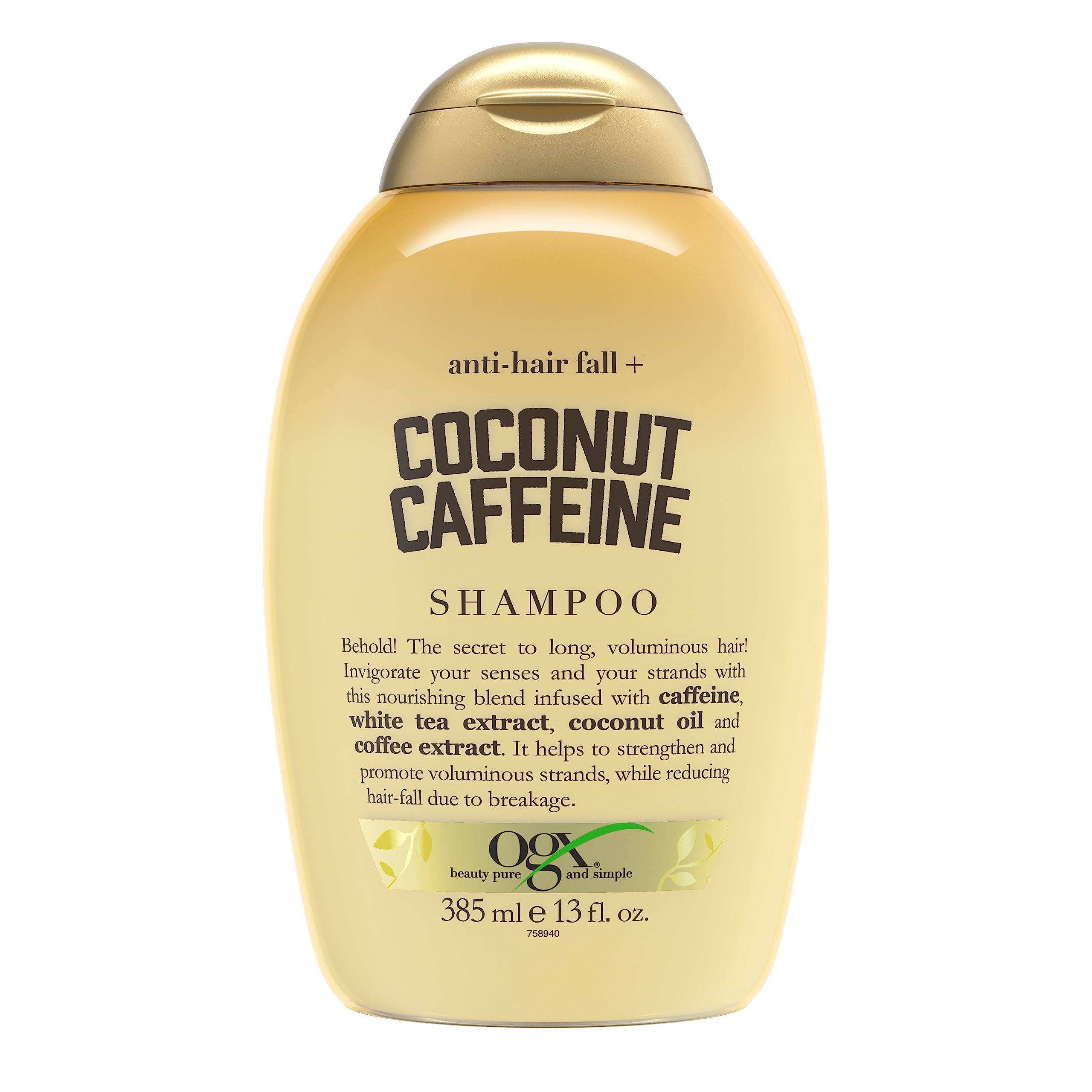 OGX Anti-Hair Fall Coconut Caffeine Shampoo bottle promotes stronger strands.