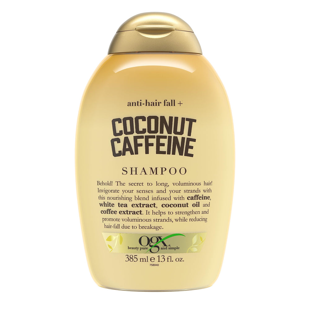 OGX Anti-Hair Fall Coconut Caffeine Shampoo bottle promotes stronger strands.