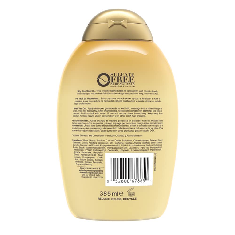 Rich lather from OGX shampoo visible while cleansing and boosting strand resilience.