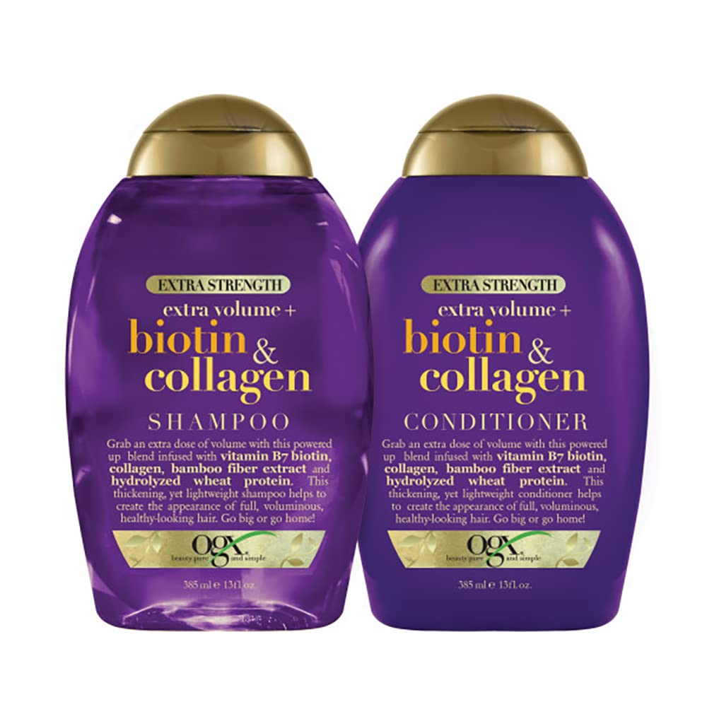 OGX bottle label highlighting vitamin B7 and collagen for hair nourishment