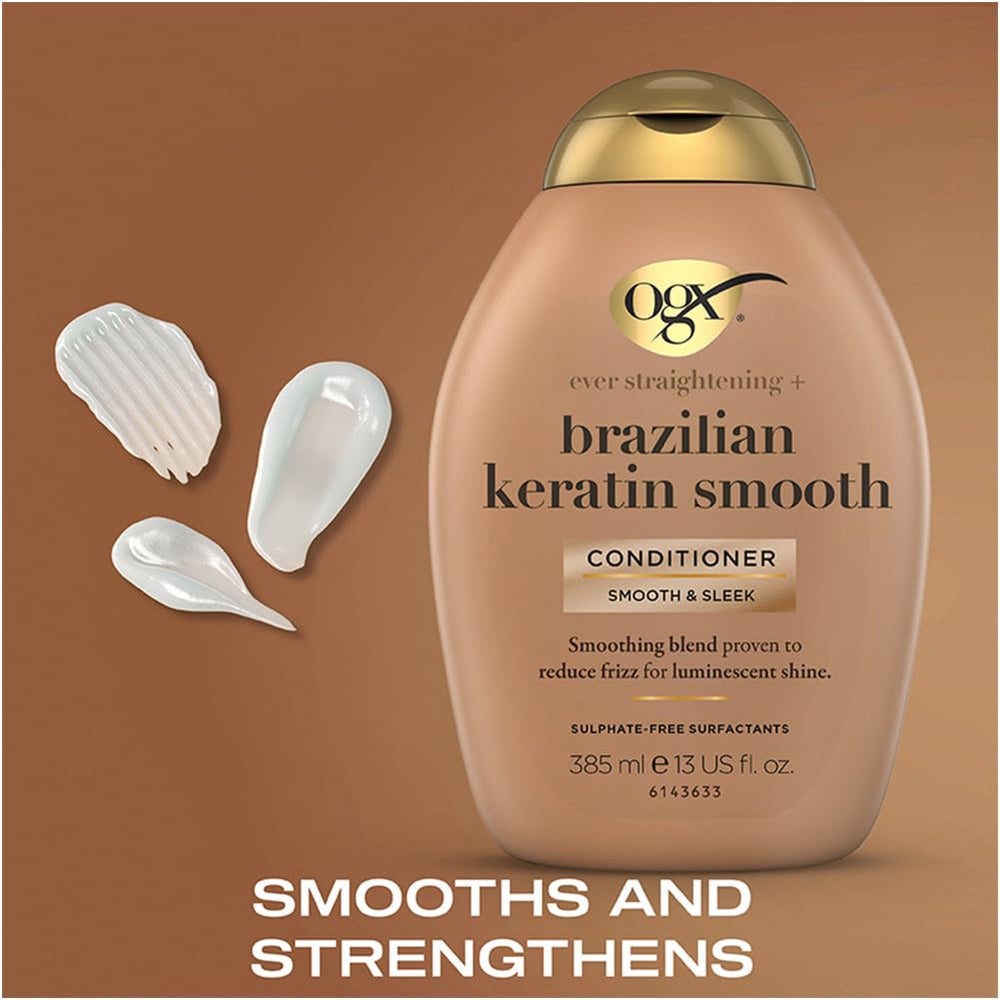 OGX conditioner label close-up emphasizes keratin and coconut oil