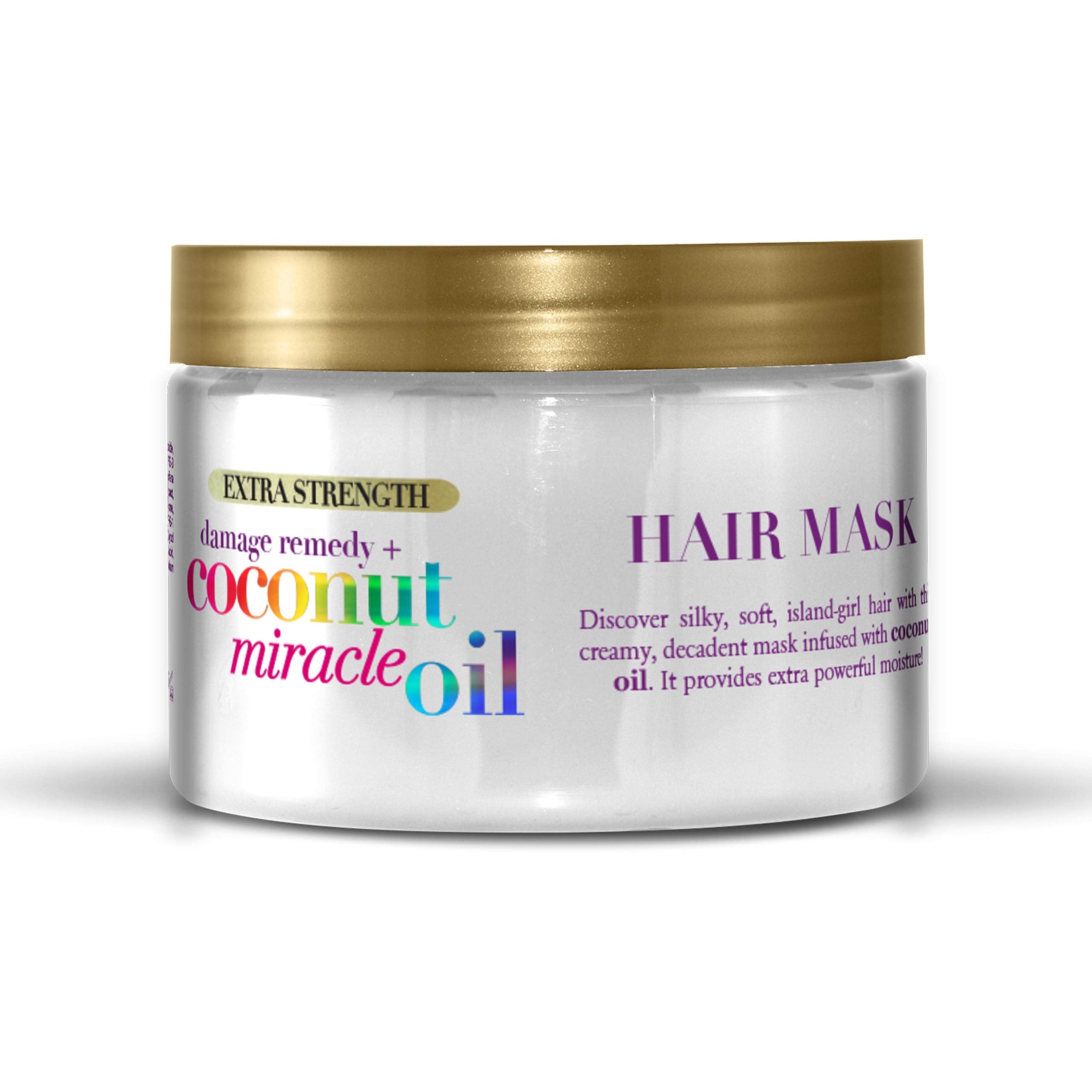 OGX Coconut Miracle Oil Mask ingredients close-up showing nourishing coconut oil for dry hair.