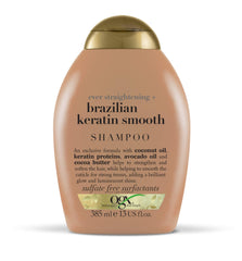 OGX Brazilian Keratin conditioner bottle offers softness and frizz control.