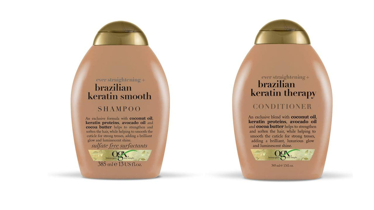 OGX Ever-straightening shampoo bottle promotes smooth, detangled hair.