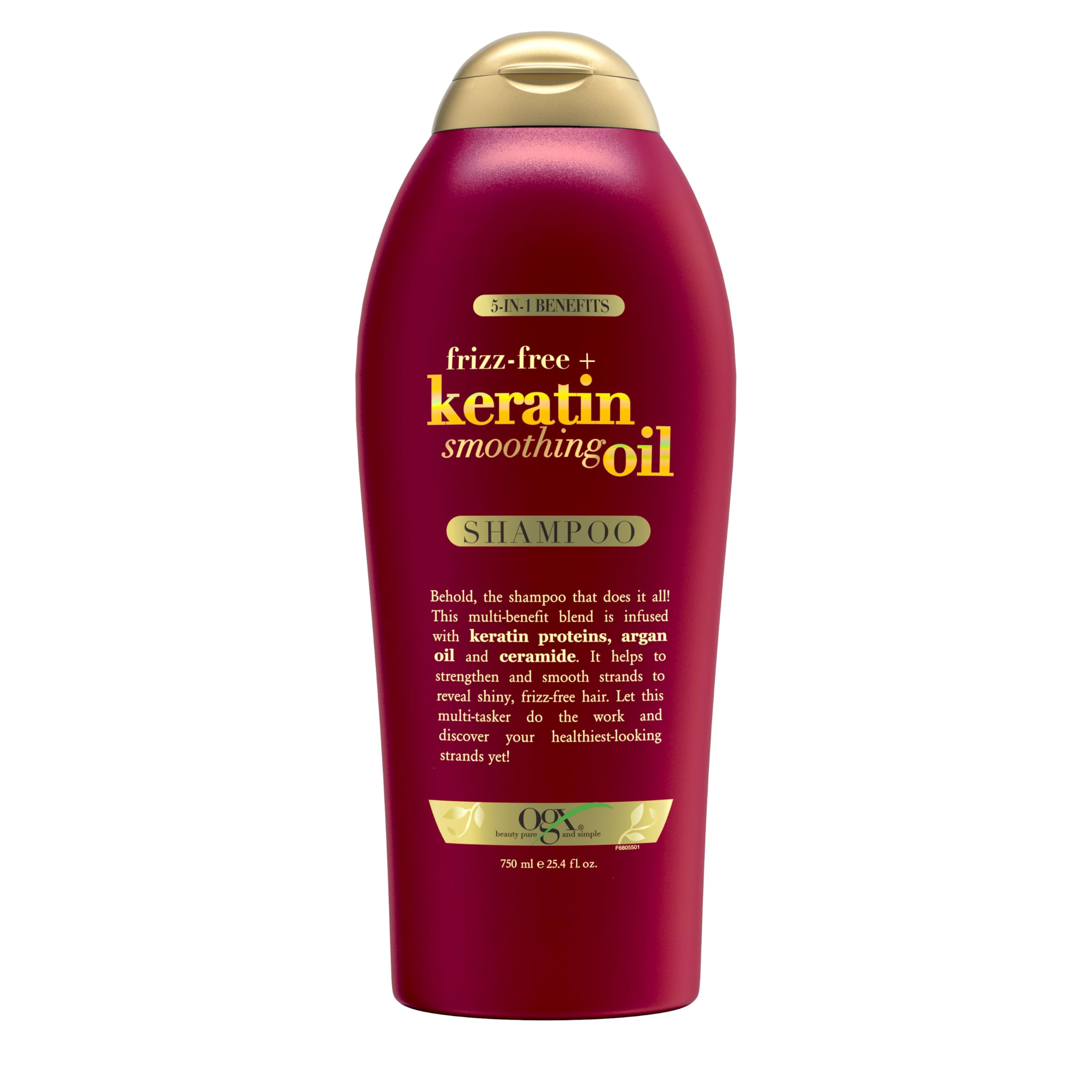 OGX Frizz-Free Keratin Shampoo bottle front, promising frizz control.