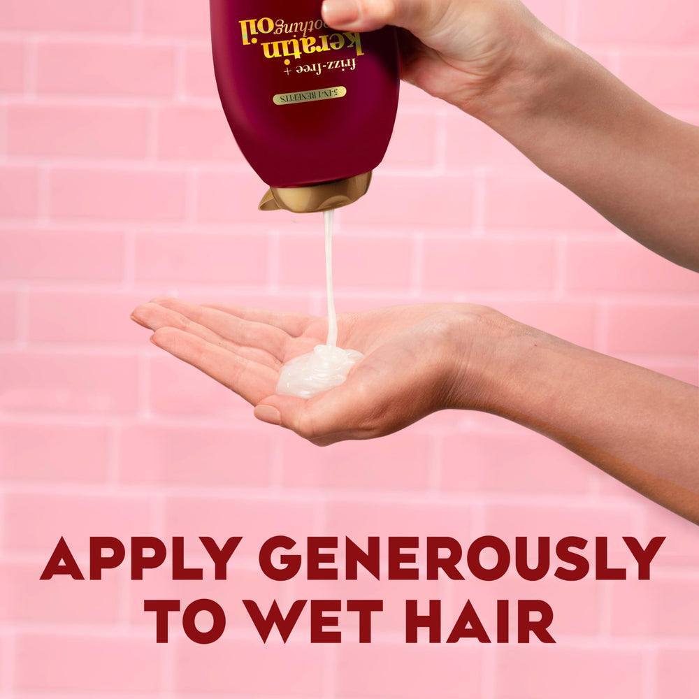 Shampoo formula with keratin, argan oil, ceramides for frizz control.