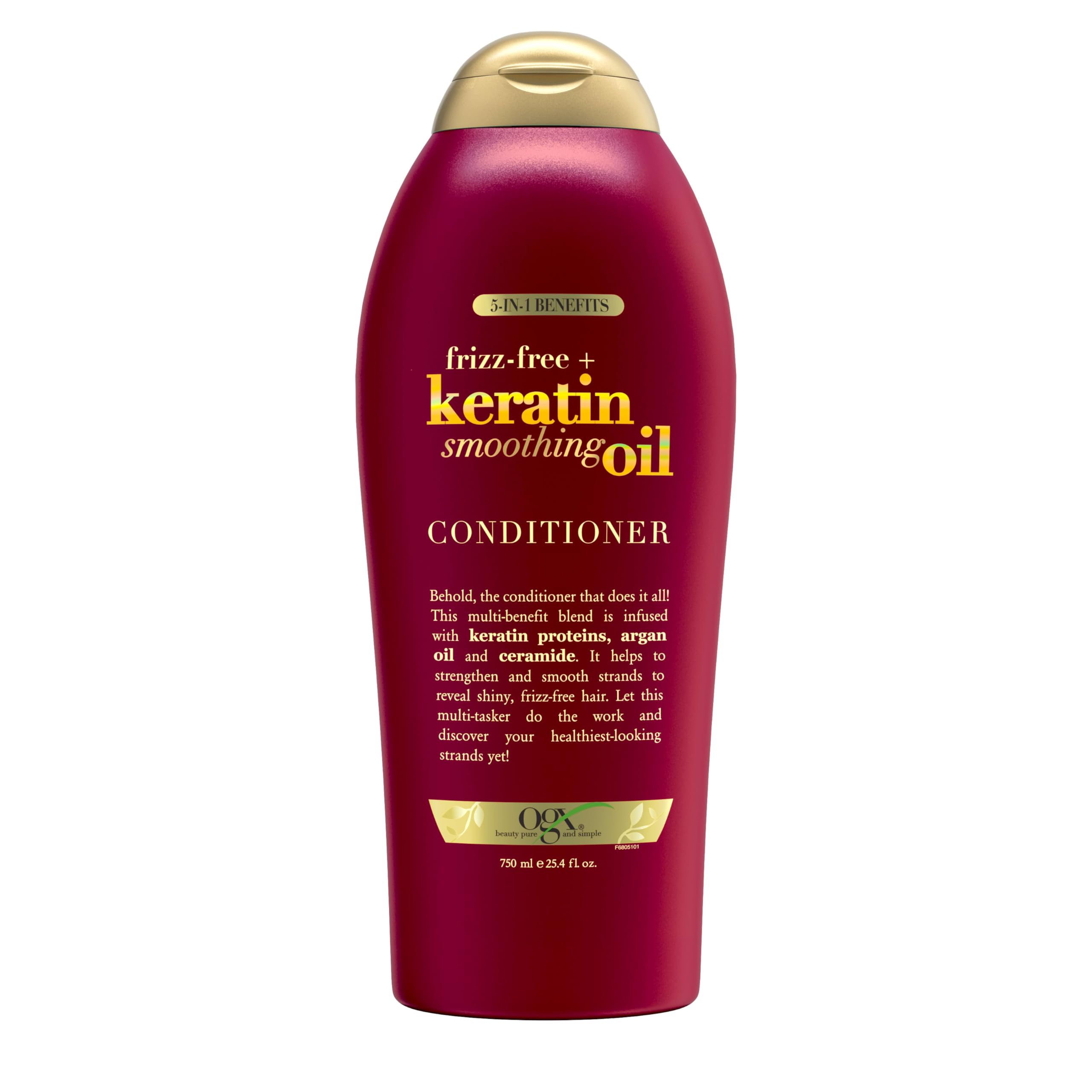 OGX Frizz-Free Keratin Smoothing Oil Conditioner bottle for easy frizz control.