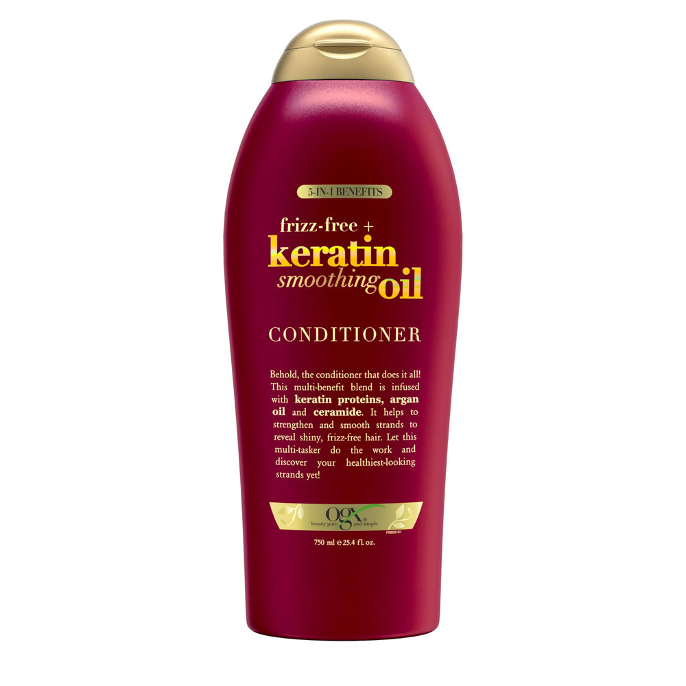 OGX Frizz-Free Keratin Smoothing Oil Conditioner bottle for easy frizz control.