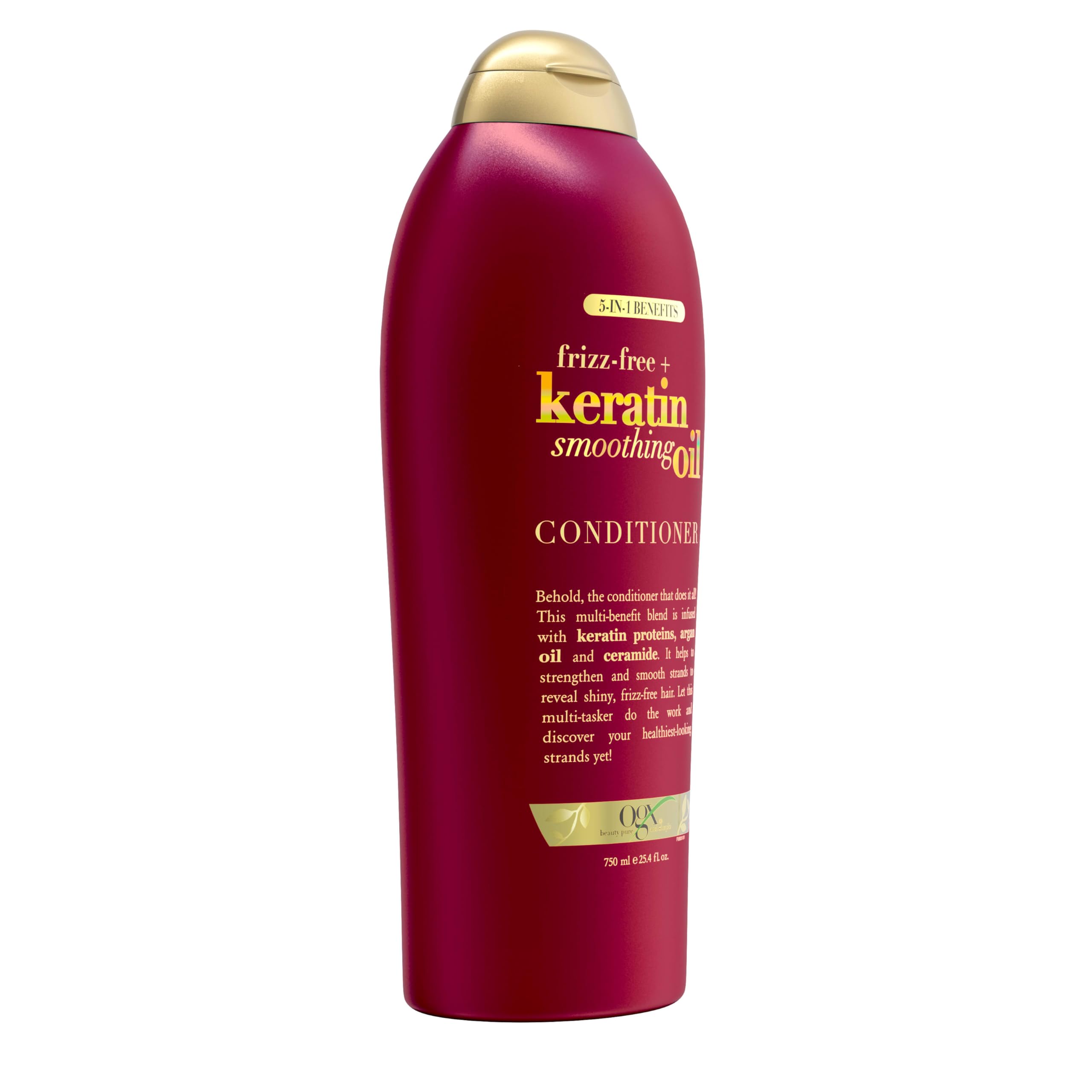 OGX keratin argan ceramides blend shown for flexible, nourished hair.
