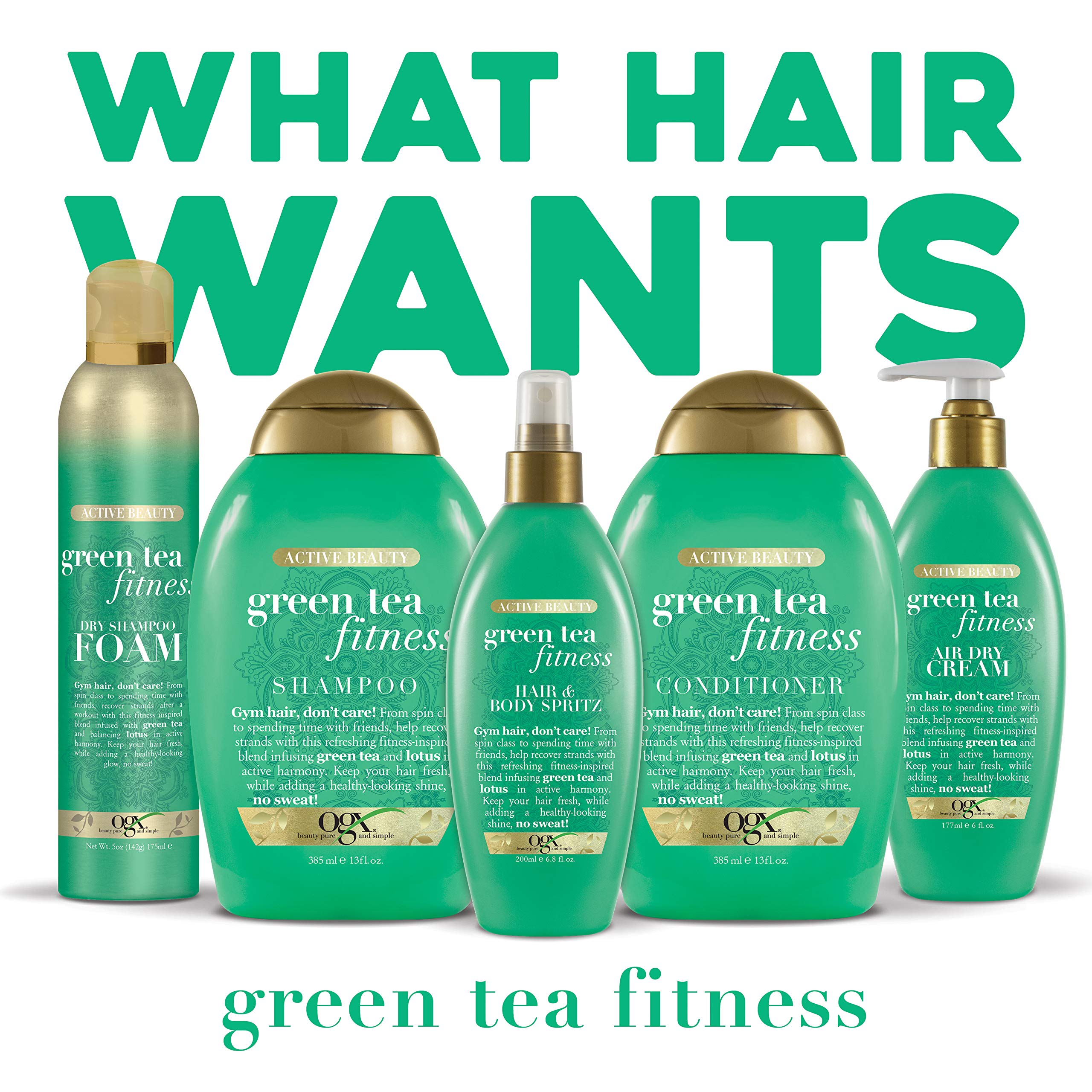 OGX Green Tea Fitness Shampoo with lotus scent for refreshing aroma.