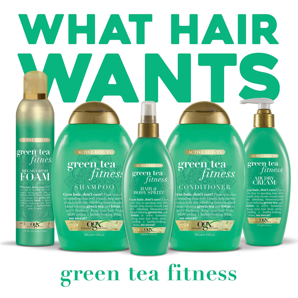 OGX Green Tea Fitness Shampoo with lotus scent for refreshing aroma.