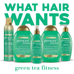 OGX Green Tea Fitness Shampoo with lotus scent for refreshing aroma.