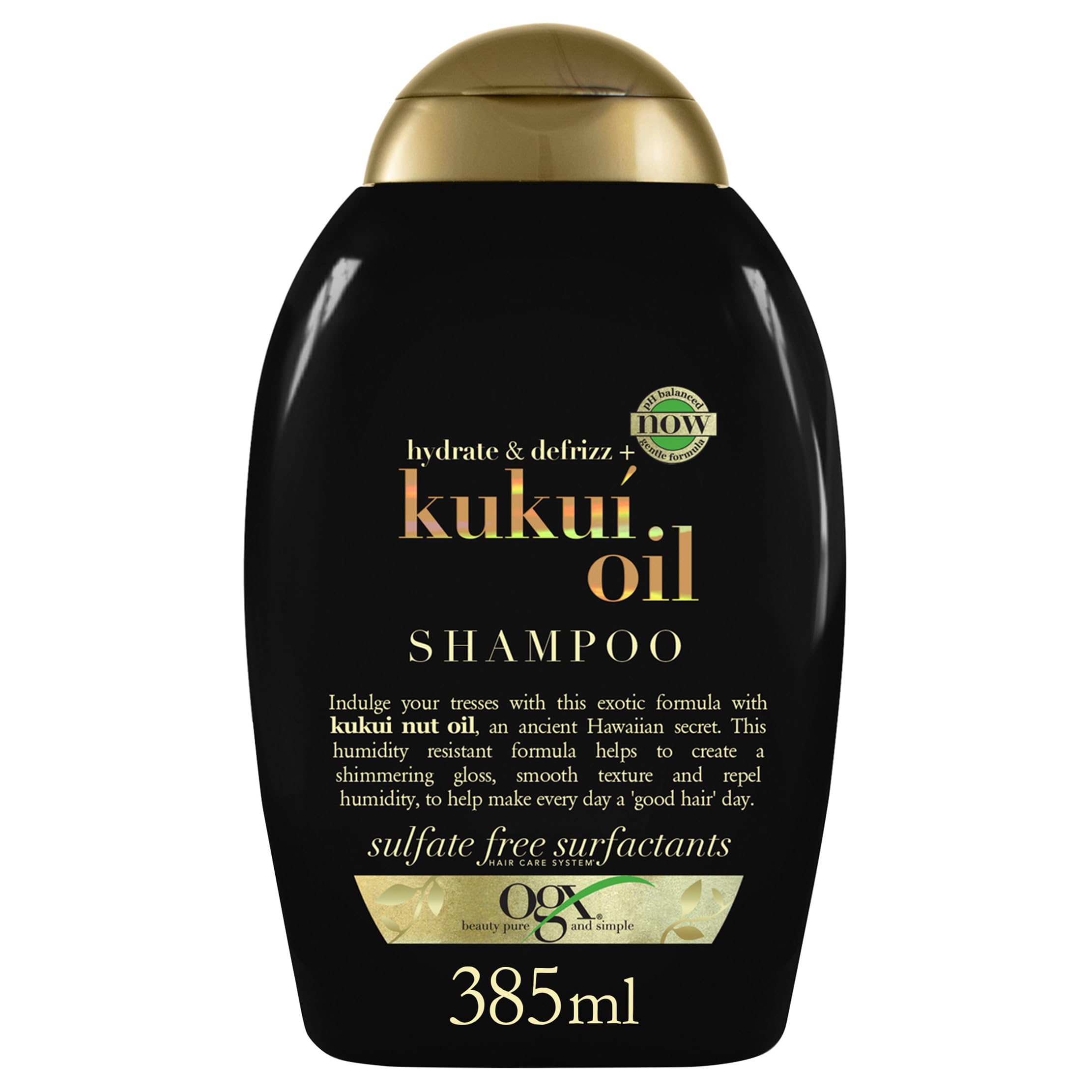 OGX Kukui Oil Shampoo bottle shows frizz control for glossy hair.