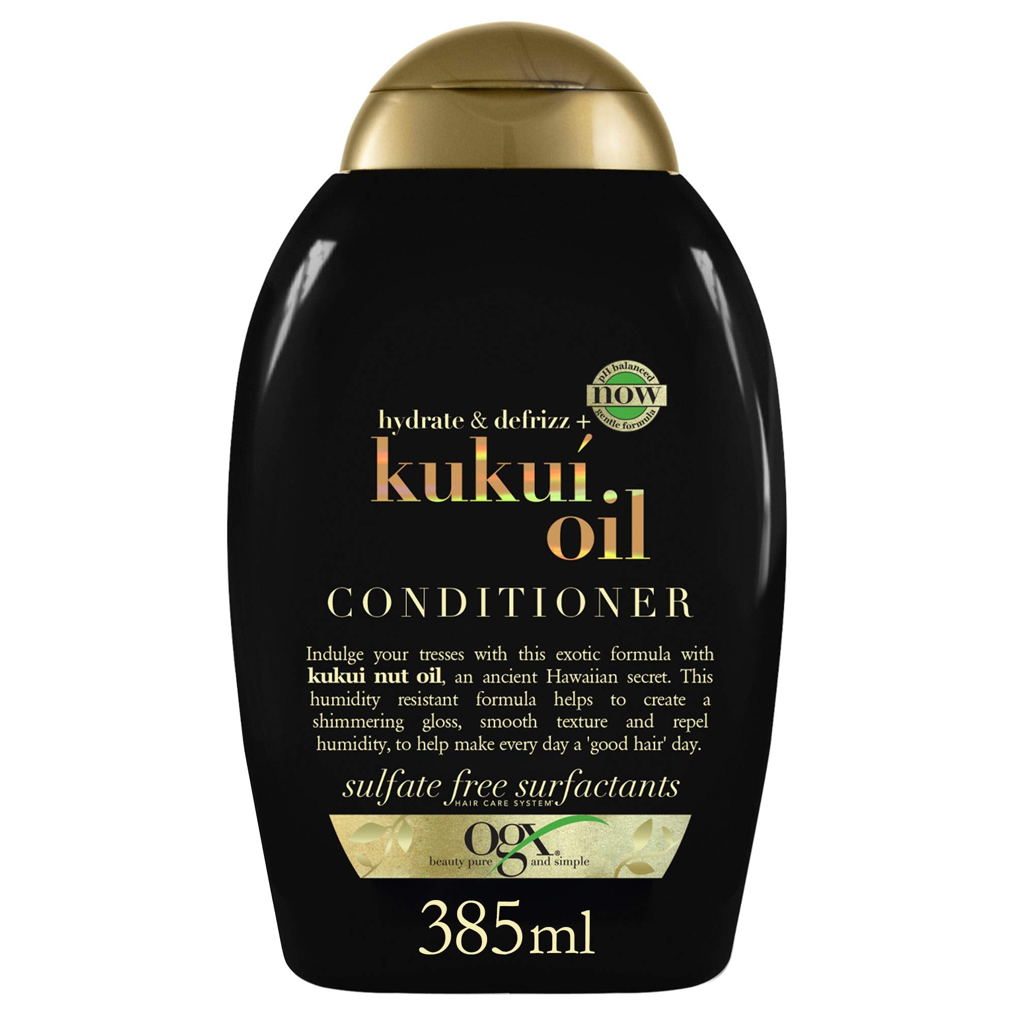 OGX Kukui Oil Conditioner bottle close-up showing glossy, hydrated hair ready for styling.