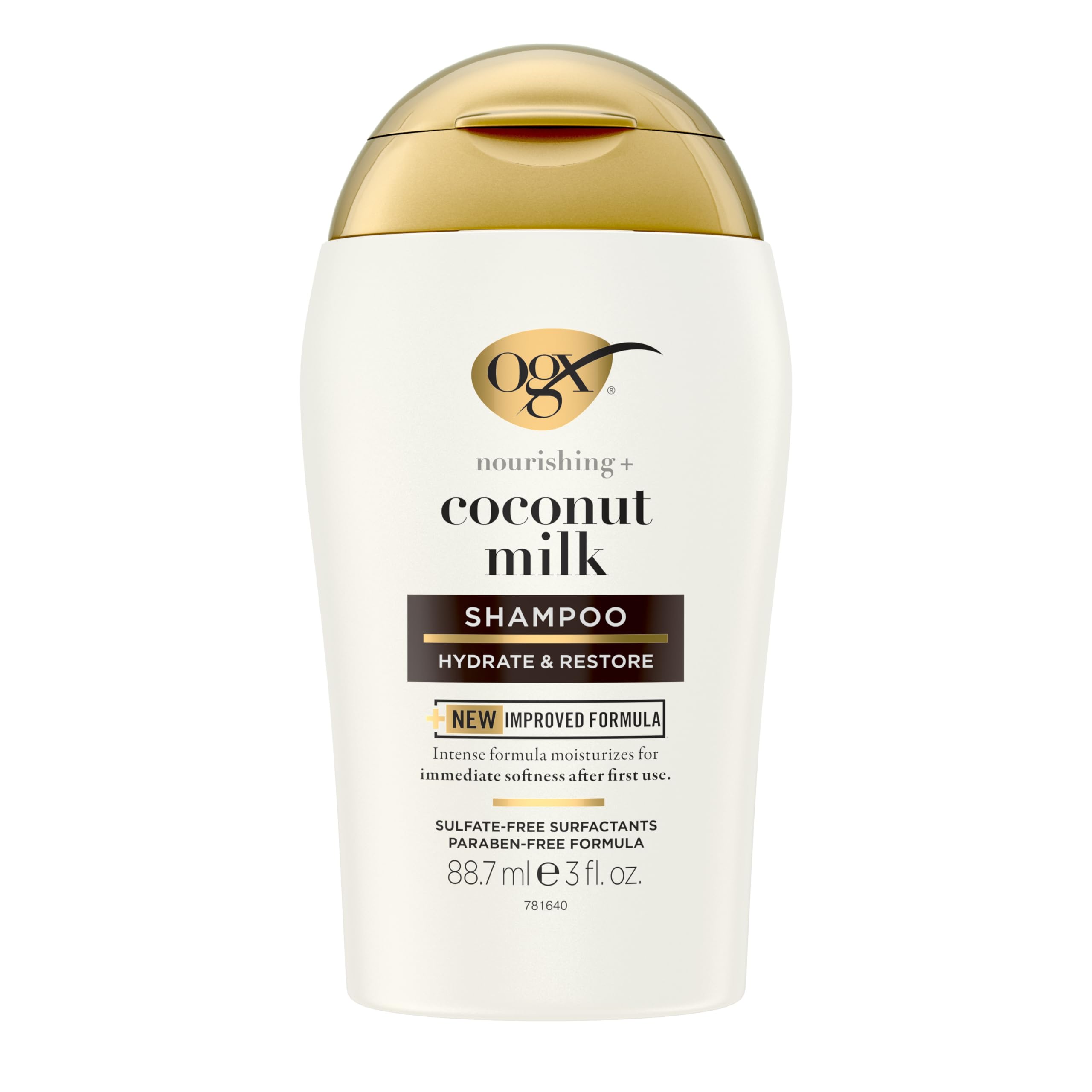 OGX Nourishing Coconut Milk Shampoo bottle shows hydrating formula for soft, frizz-free hair.