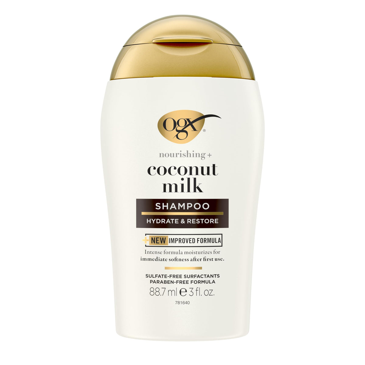 OGX Nourishing Coconut Milk Shampoo bottle shows hydrating formula for soft, frizz-free hair.
