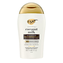 OGX Nourishing Coconut Milk Shampoo bottle shows hydrating formula for soft, frizz-free hair.