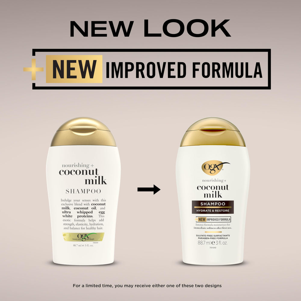 OGX Nourishing Coconut Milk Shampoo ingredient close-up with coconut milk and oils for nourishment.