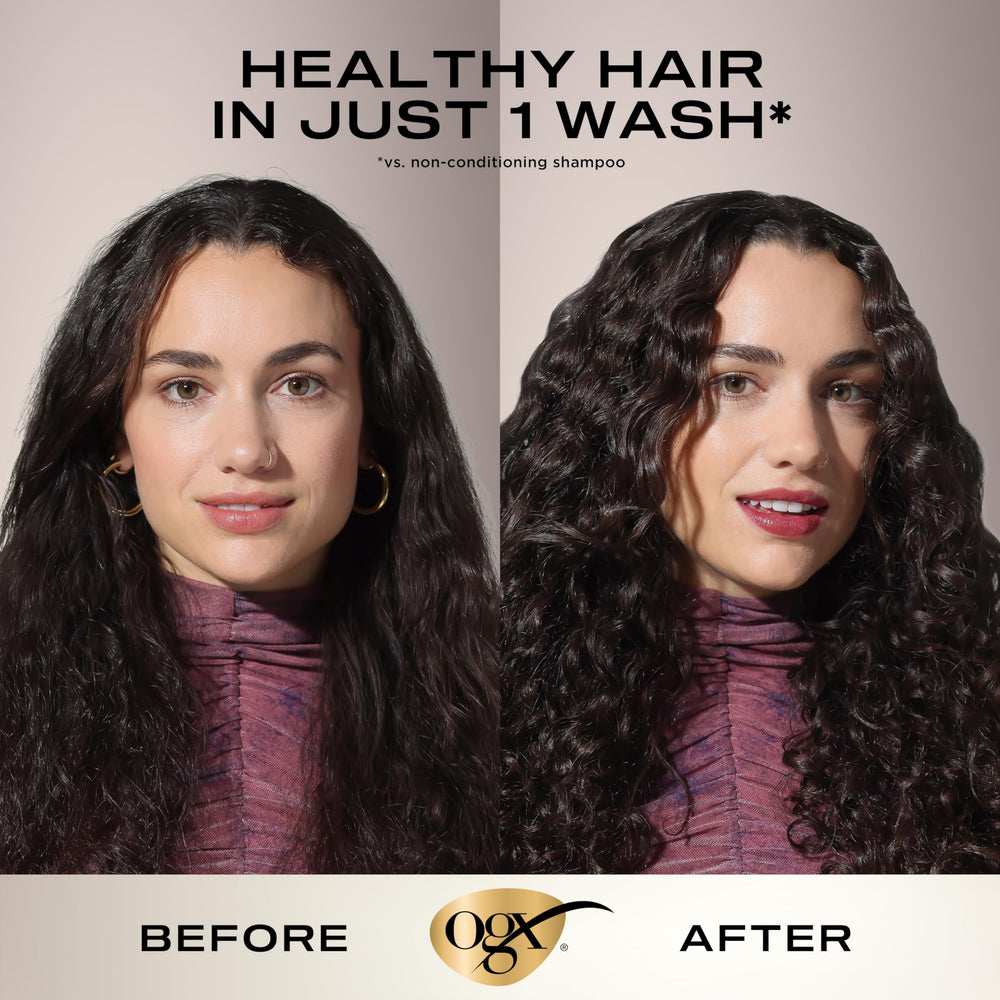 OGX Nourishing Coconut Milk Shampoo label detail highlights LipiPro Shield for protein and lipid protection.
