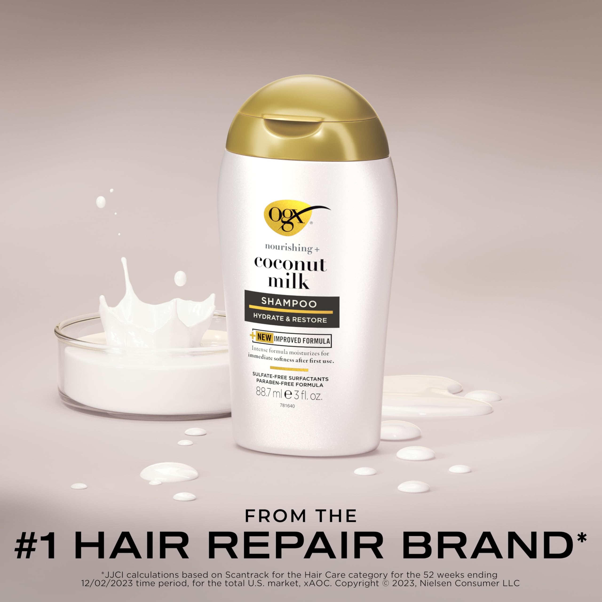 OGX Nourishing Coconut Milk Shampoo lather close-up demonstrates rich foam and gentle cleansing.