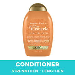 OGX Strength Length Golden Turmeric Conditioner cream texture ready to coat strands for moisture