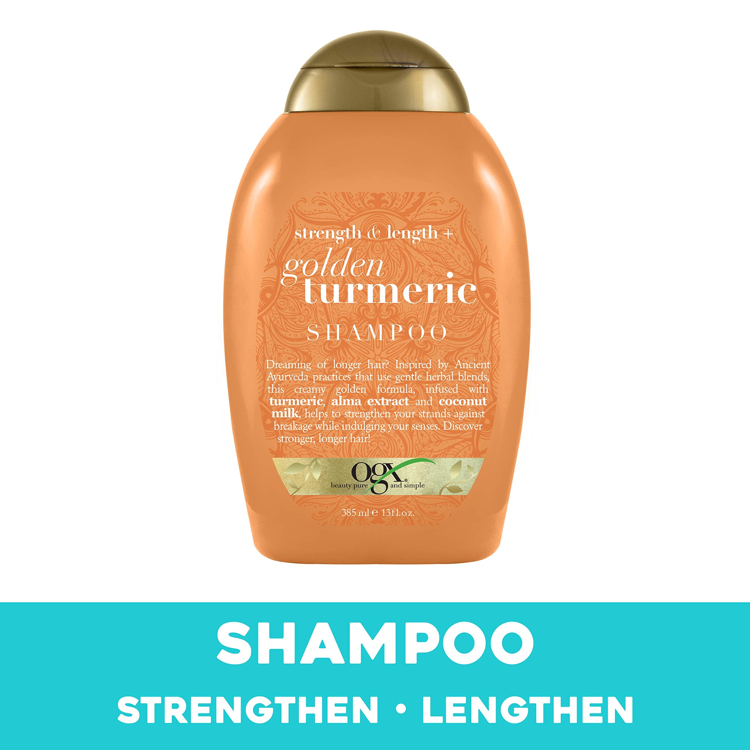 OGX Strength Length Turmeric Shampoo bottle top view with premium packaging and quality ingredients