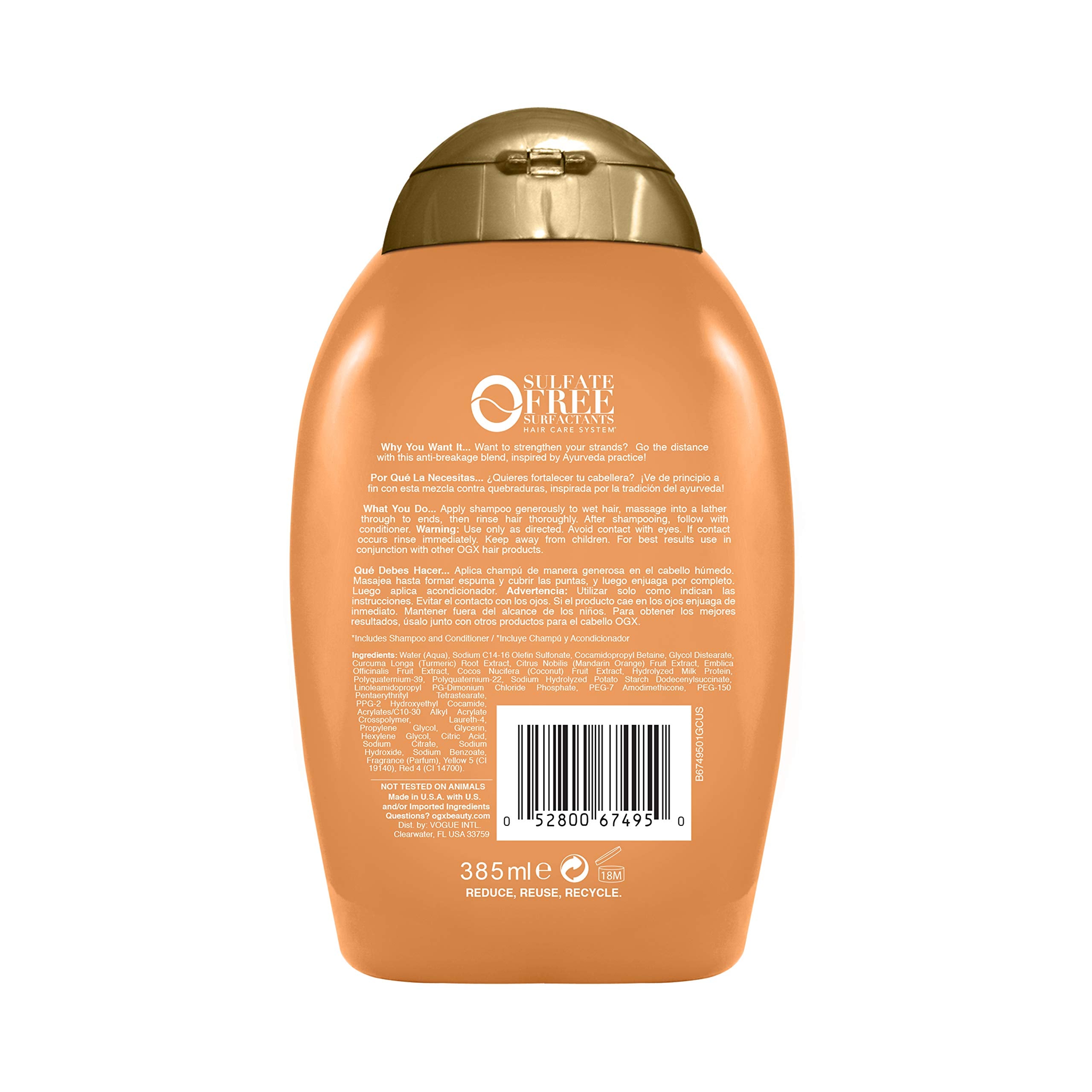 OGX Strength Length Turmeric Shampoo ingredients close-up featuring turmeric and amla for nourishing care