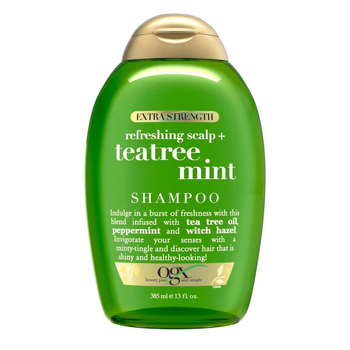 OGX Tea Tree Mint Shampoo bottle front promoting a refreshing scalp cleanse.