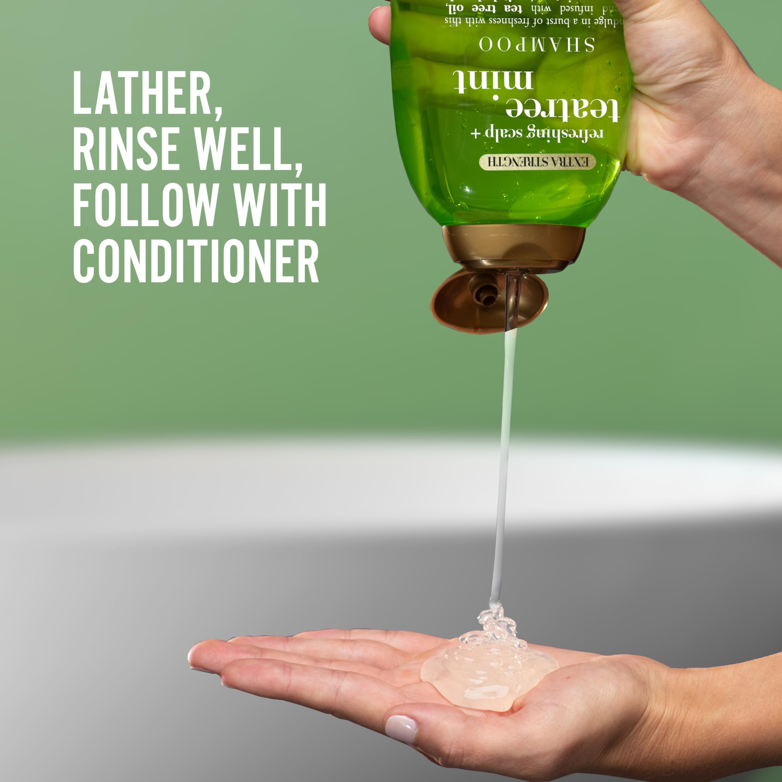 Tea tree oil highlight on OGX formula indicating scalp refreshment.