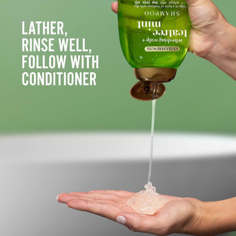 Tea tree oil highlight on OGX formula indicating scalp refreshment.