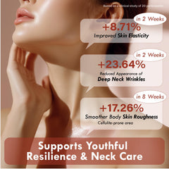 Ingredients label of OHMIA lotion highlighting peptides, hyaluronic acid, and niacinamide.
