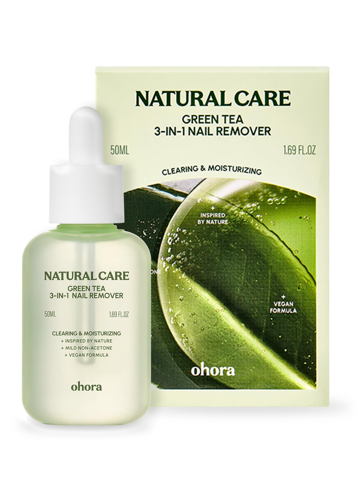 ohora green tea 3-in-1 nail remover bottle highlights gentle, non-acetone formula for sensitive nails.