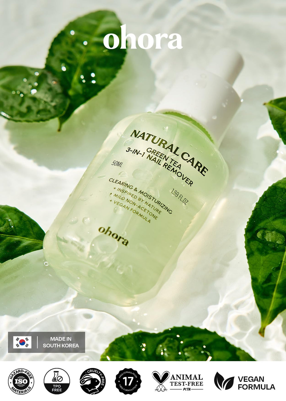 ohora green tea 3-in-1 remover removal action shows fast lift without hard scrubbing.