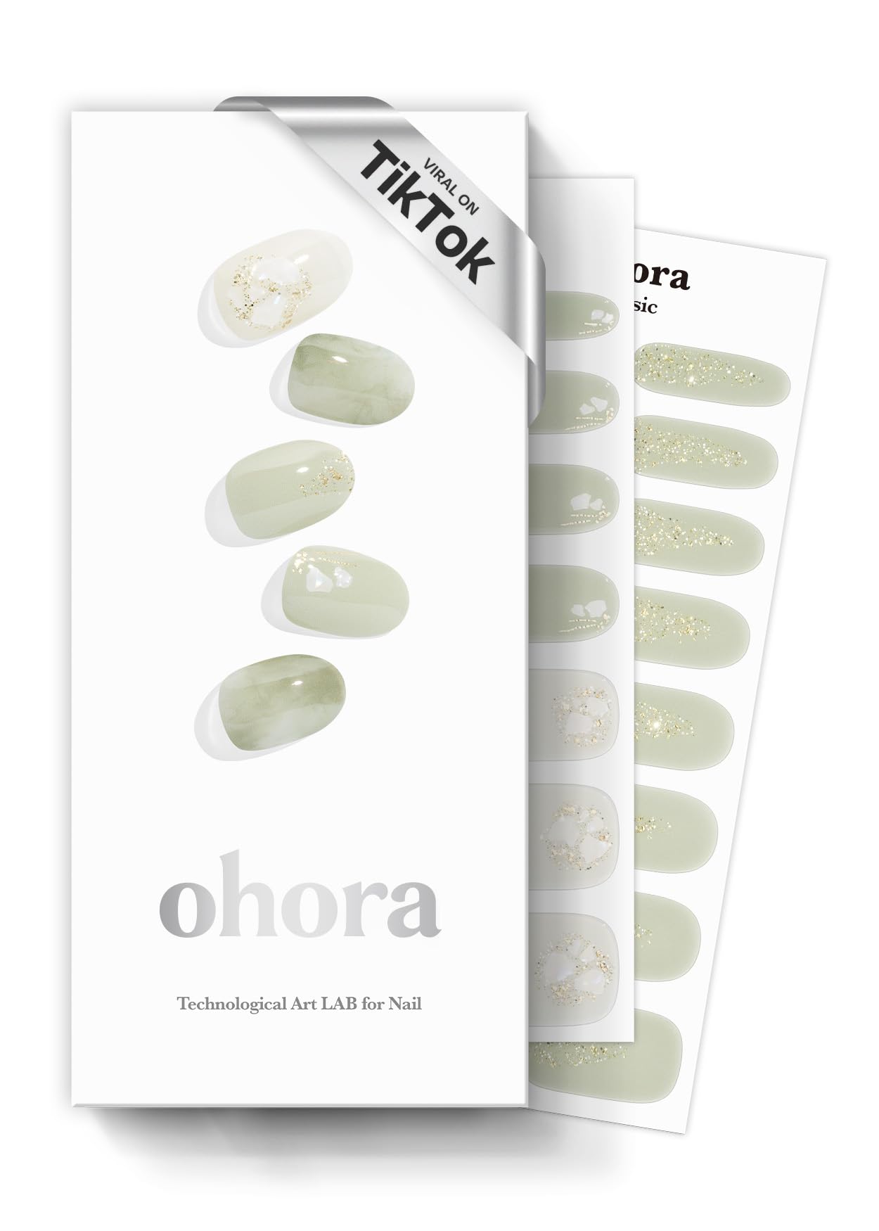 Ohora Green Tea gel nail strips swatch showing salon-quality color and shine.