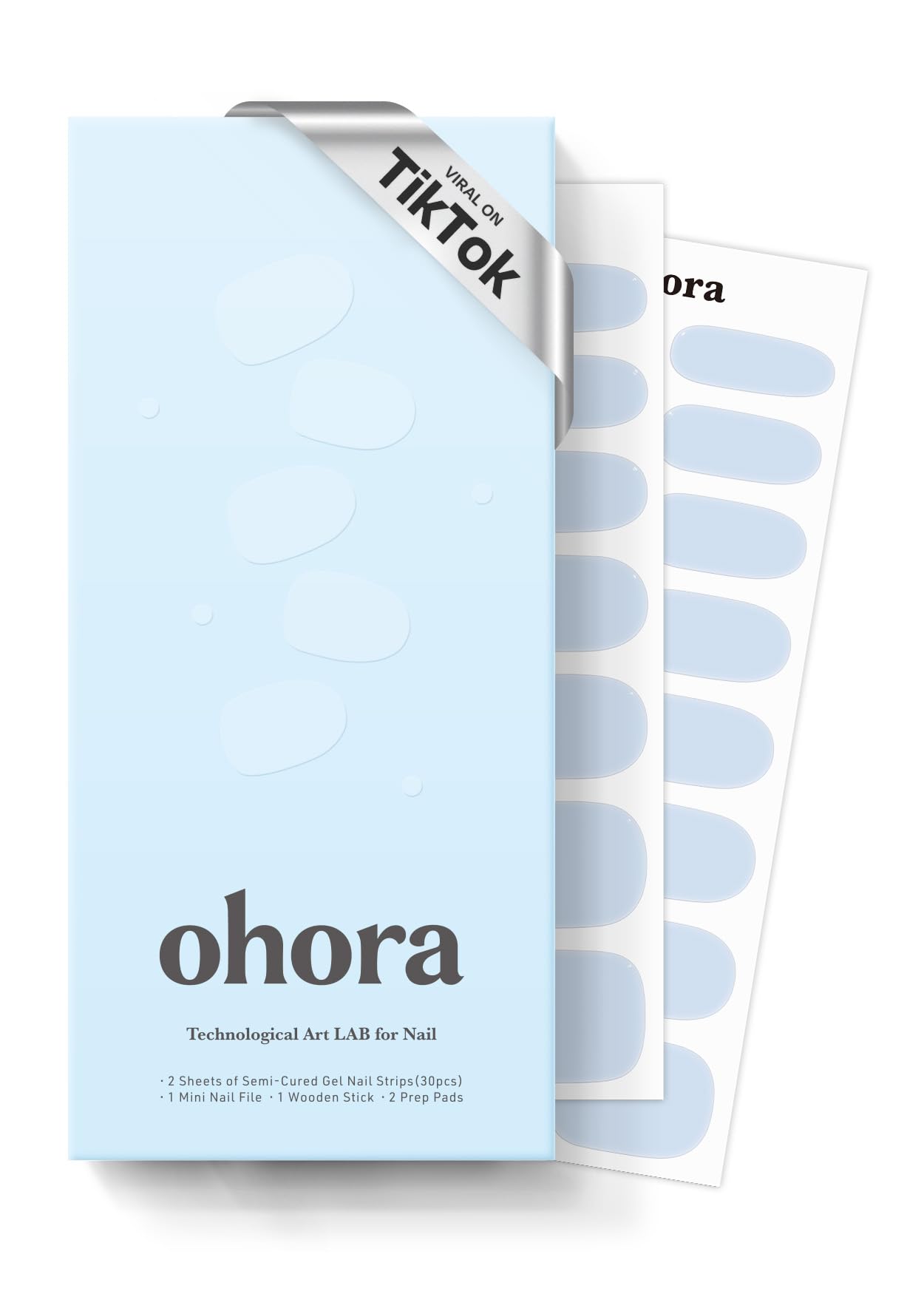 ohora greyish blue semi-cured nail strips close-up for at-home salon-quality nails